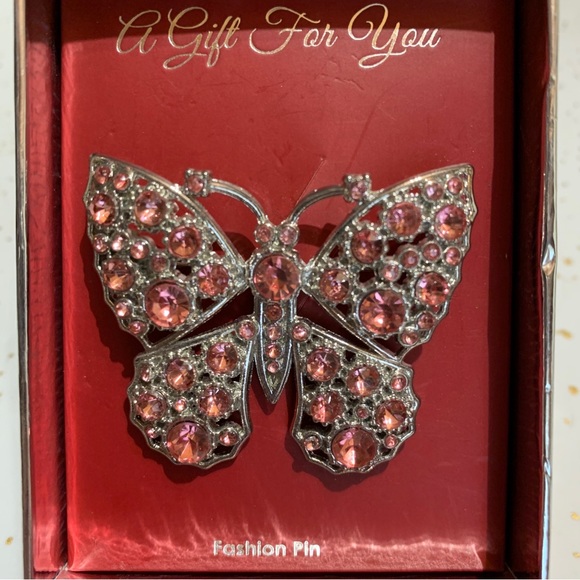Silver Toned Pink Rhinestone Butterfly Pin. About 2” wide and 1 1/2” tall. - Picture 4 of 6
